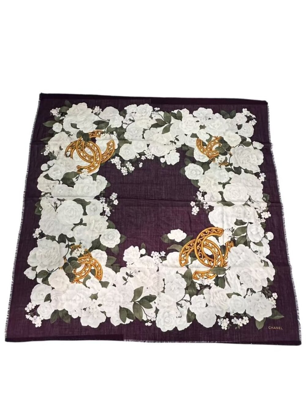 Chanel Large Scarf Silk Shawl Camellia CC Logo Red